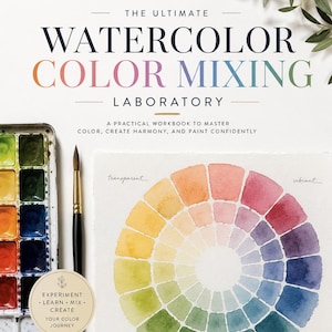 May include: A watercolour workbook titled The Ultimate Watercolour Colour Mixing Laboratory with a colour wheel illustration, a metal paint palette with various coloured pans, and a black paintbrush. The cover features text and icons.