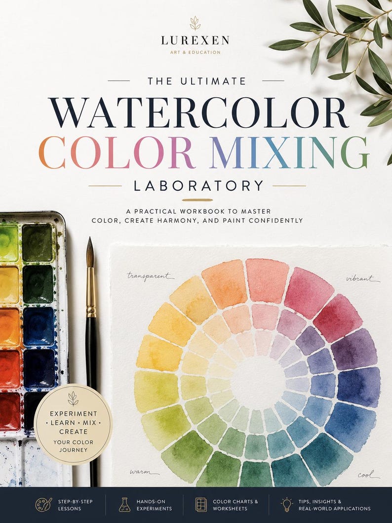 May include: A watercolour workbook titled The Ultimate Watercolour Colour Mixing Laboratory with a colour wheel illustration, a metal paint palette with various coloured pans, and a black paintbrush. The cover features text and icons.