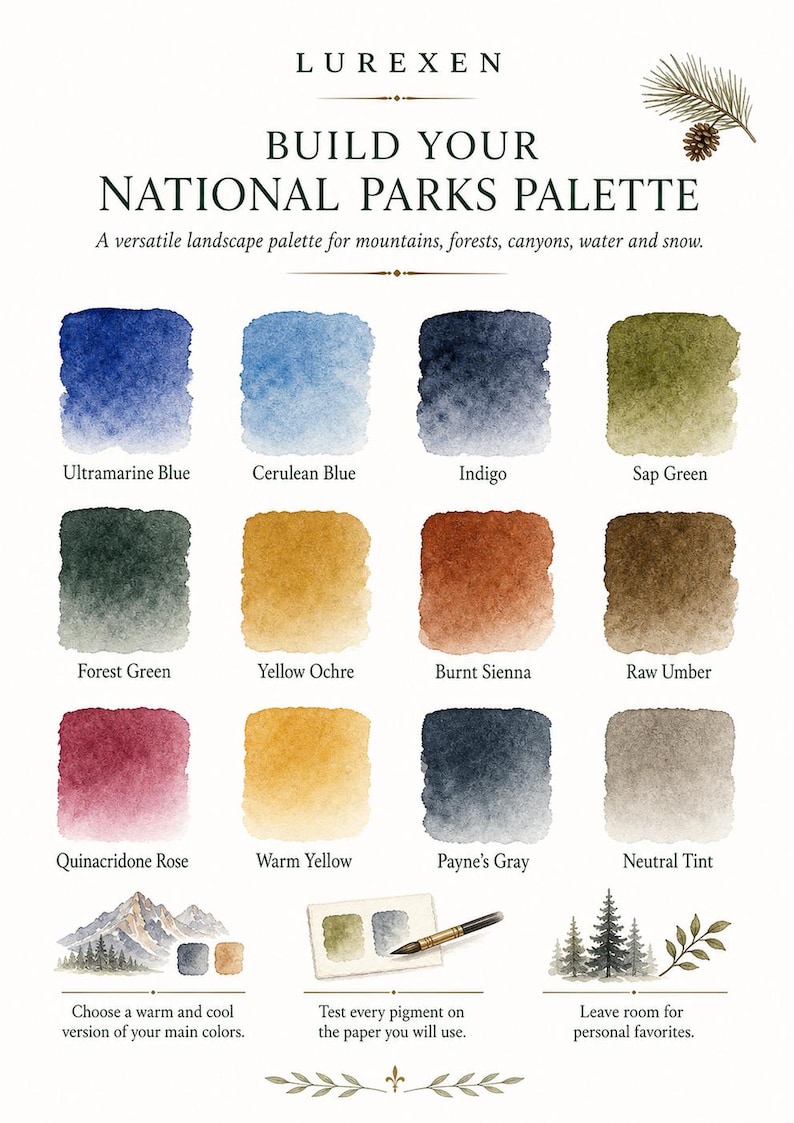 May include: A LUREXEN watercolor paint chart titled BUILD YOUR NATIONAL PARKS PALETTE featuring twelve color swatches including Ultramarine Blue, Cerulean Blue, Indigo, Sap Green, Forest Green, Yellow Ochre, Burnt Sienna, Raw Umber, Quinacridone Rose, Warm Yellow, Payne's Gray, and Neutral Tint.