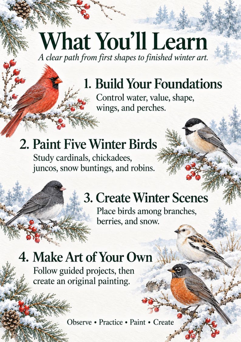 May include: An educational poster titled What You'll Learn featuring watercolor illustrations of a red cardinal, a black-capped chickadee, a dark-eyed junco, and a robin perched on snowy pine branches with red berries, alongside four numbered steps.