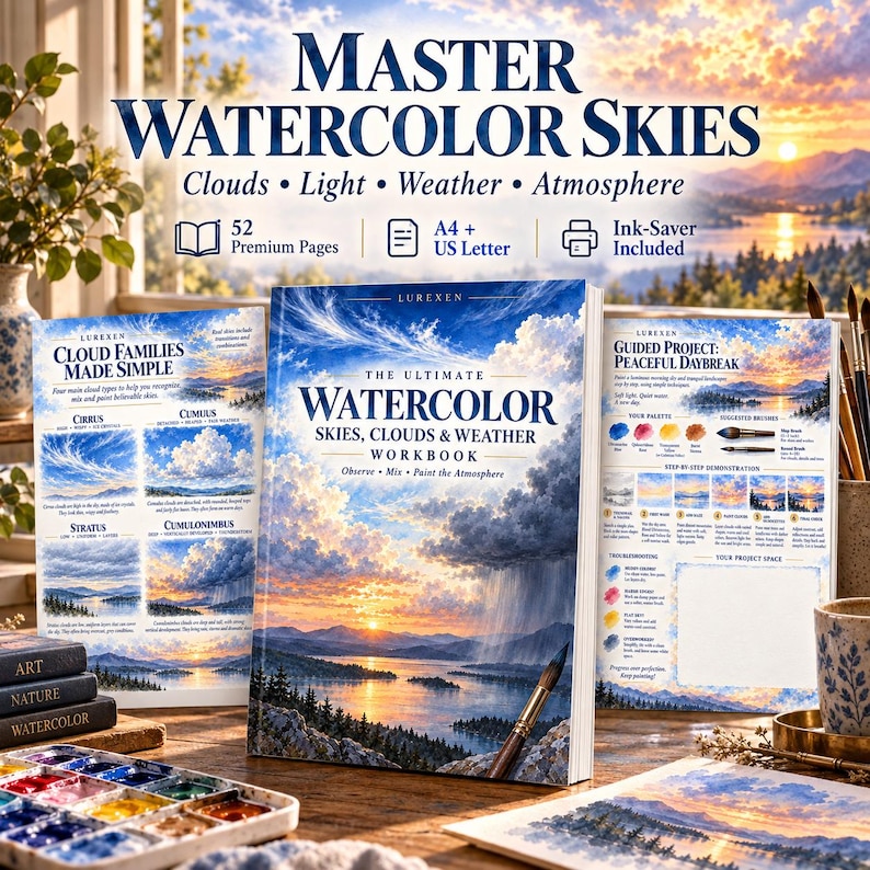Op de afbeelding: Een aquarelwerkboek getiteld The Ultimate Watercolor Skies, Clouds & Weather Workbook, met een zonsonderganglandschap op de kaft. Het bevat instructiepagina's over wolkentypes, begeleide projecten en schildertechnieken voor A4 en US Letter.