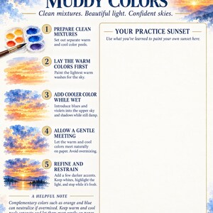 Op de afbeelding: Een educatieve aquarelhandleiding getiteld LUREXEN SUNSET WITHOUT MUDDY COLORS. Het bevat vijf genummerde stappen met illustraties over het schilderen van een zonsondergang, inclusief een leeg rechthoekig gebied om te oefenen en een handige notitie.