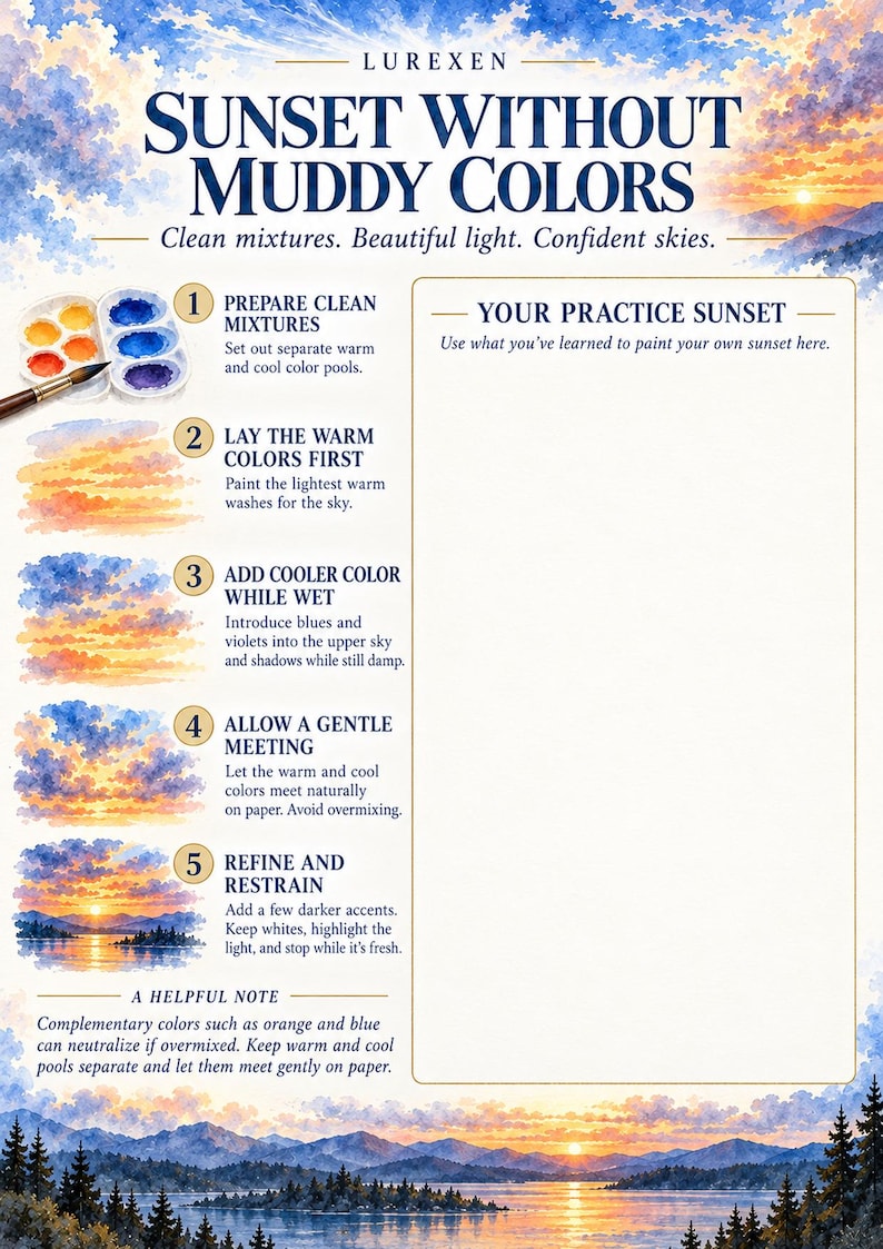 Op de afbeelding: Een educatieve aquarelhandleiding getiteld LUREXEN SUNSET WITHOUT MUDDY COLORS. Het bevat vijf genummerde stappen met illustraties over het schilderen van een zonsondergang, inclusief een leeg rechthoekig gebied om te oefenen en een handige notitie.