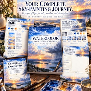 Op de afbeelding: Een aquarel-werkboek getiteld The Ultimate Watercolor Skies, Clouds & Weather Workbook, met instructiepagina's, een certificaat van voltooiing en een blad voor het eindproject, weergegeven met penselen en een verfpalet.