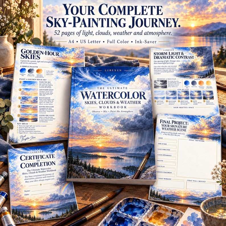 Op de afbeelding: Een aquarel-werkboek getiteld The Ultimate Watercolor Skies, Clouds & Weather Workbook, met instructiepagina's, een certificaat van voltooiing en een blad voor het eindproject, weergegeven met penselen en een verfpalet.