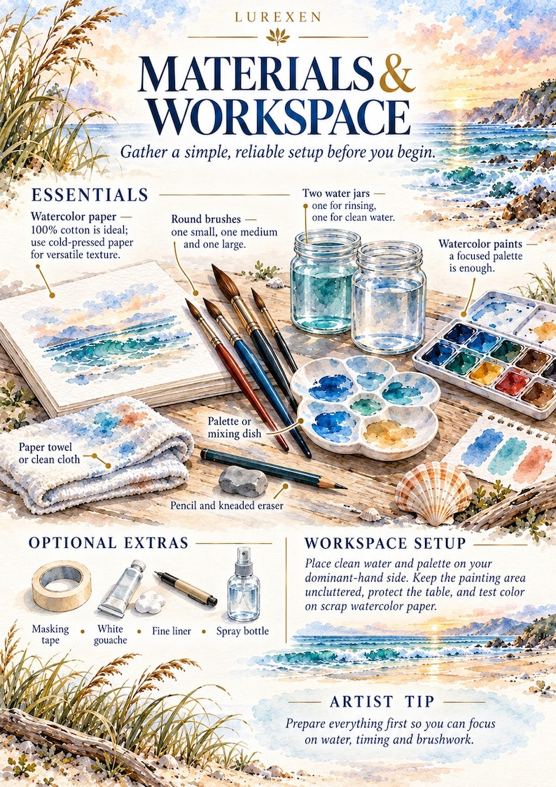 May include: An instructional infographic titled LUREXEN MATERIALS & WORKSPACE featuring watercolour painting supplies including brushes, water jars, a paint palette, paper, a pencil, an eraser, masking tape, gouache, a fine liner, and a spray bottle.