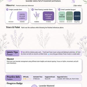 以下が含まれることがあります： Lurexenによる水彩画の指導ガイド「Paint Elegant Lavender」。ラベンダーのイラスト、16進コード付きのカラーパレット、段階的なペイントのヒント、練習エリア、および「Lavender Mastered」バッジが記載されています。
