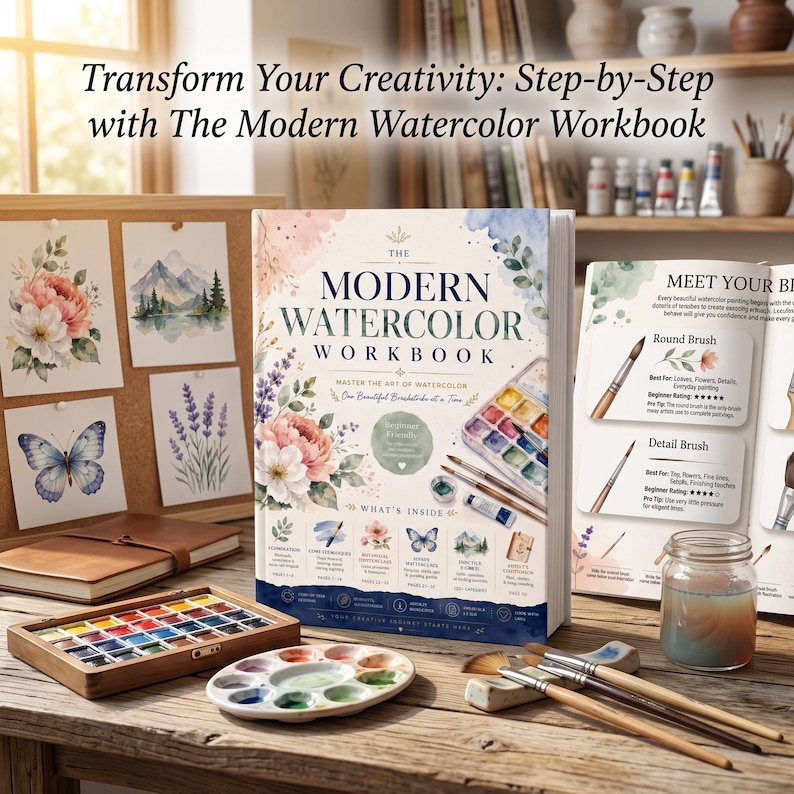 May include: The Modern Watercolor Workbook with a floral cover, a wooden paint palette, a watercolor set in a wooden box, a glass jar of water, and paintbrushes. The book cover features illustrations of flowers, a butterfly, and a landscape.