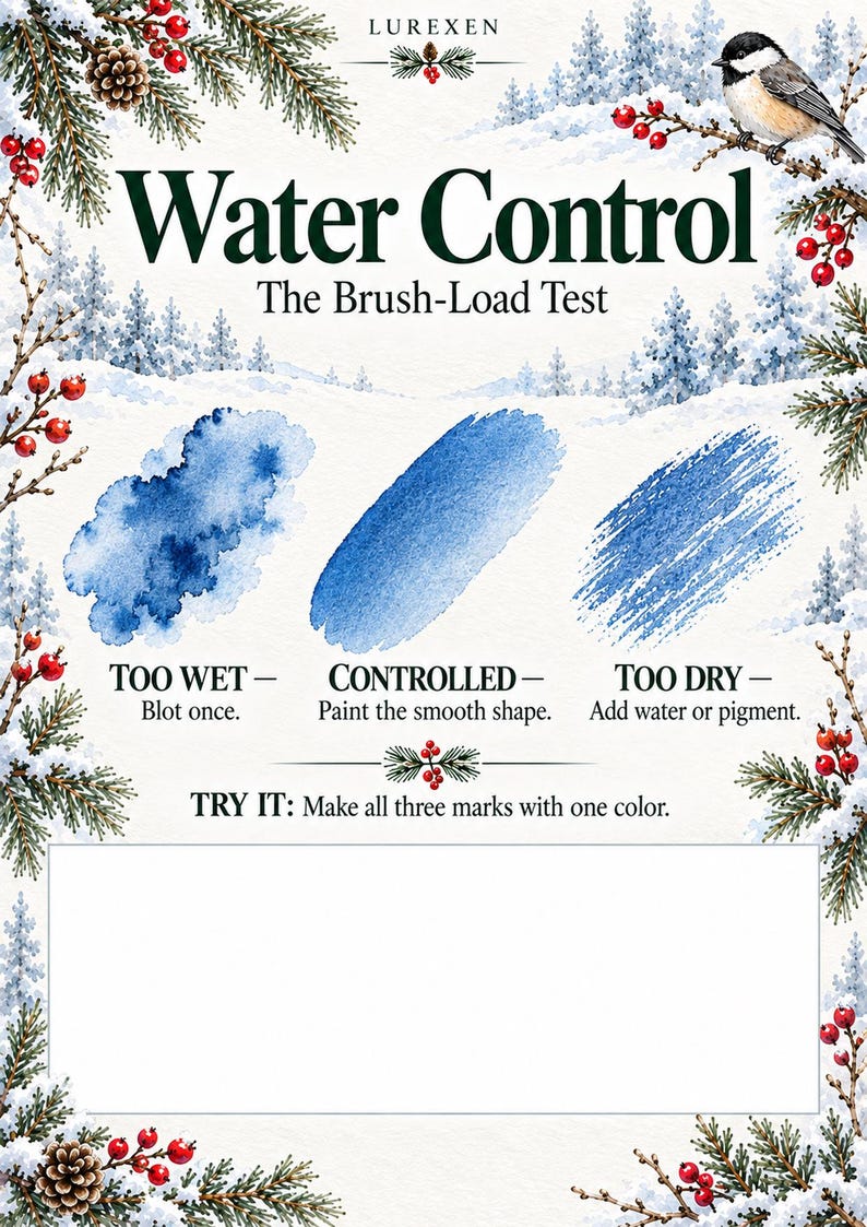 May include: An instructional watercolor guide titled Water Control: The Brush-Load Test by LUREXEN. It features three blue paint swatches labeled Too Wet, Controlled, and Too Dry, with instructions for each, framed by a winter pine and berry border.