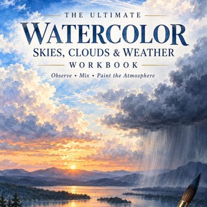 Op de afbeelding: Een werkboek getiteld The Ultimate Watercolor Skies, Clouds & Weather Workbook van Lurexen. De omslag toont een landschapsschilderij van een zonsondergang boven een meer met een regenbui rechts en een penseel op de voorgrond.