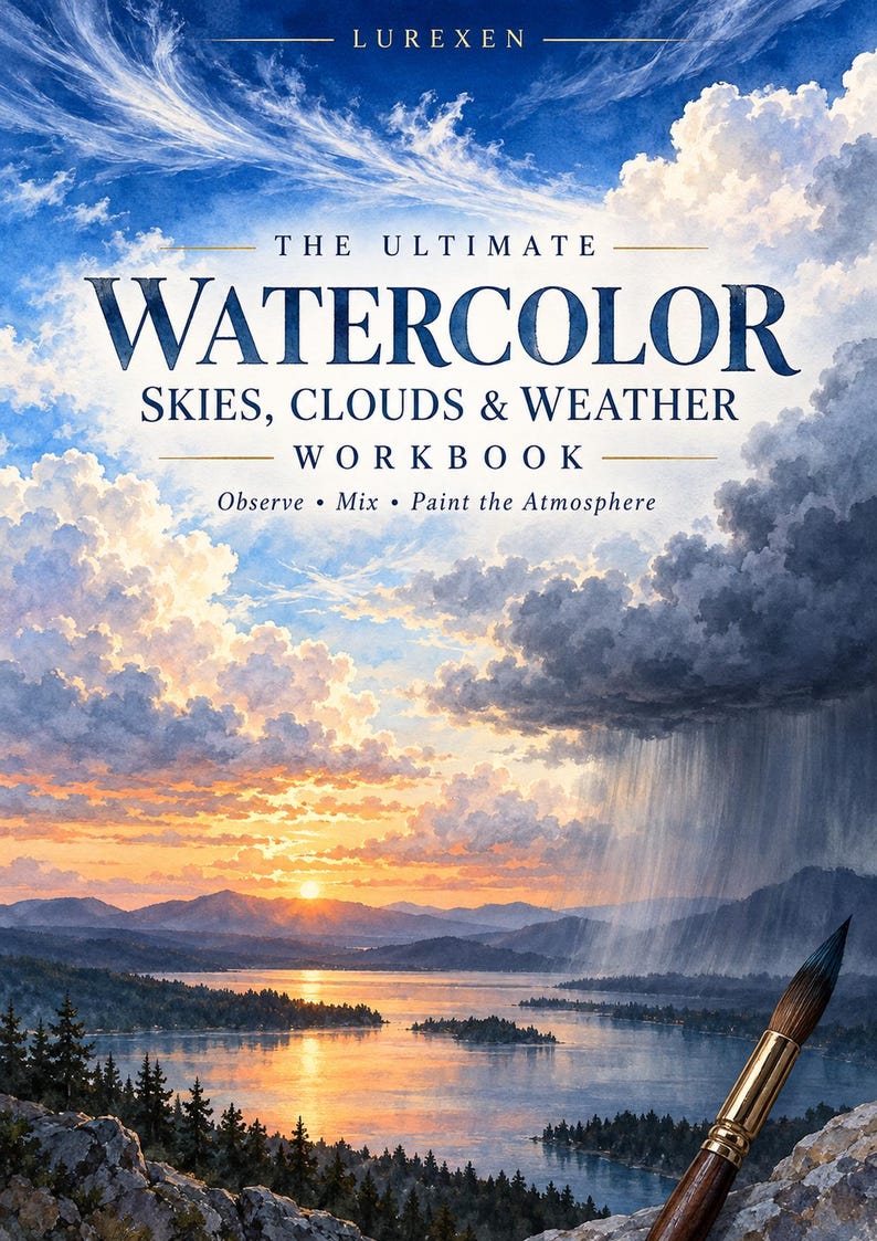 Op de afbeelding: Een werkboek getiteld The Ultimate Watercolor Skies, Clouds & Weather Workbook van Lurexen. De omslag toont een landschapsschilderij van een zonsondergang boven een meer met een regenbui rechts en een penseel op de voorgrond.