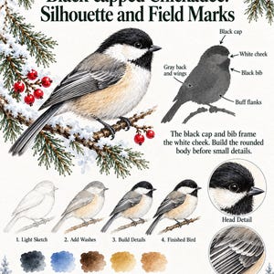 May include: An educational watercolor illustration titled Black-capped Chickadee: Silhouette and Field Marks. It features a detailed bird, a silhouette diagram, a four-step painting guide, head and wing close-ups, and five paint color swatches.