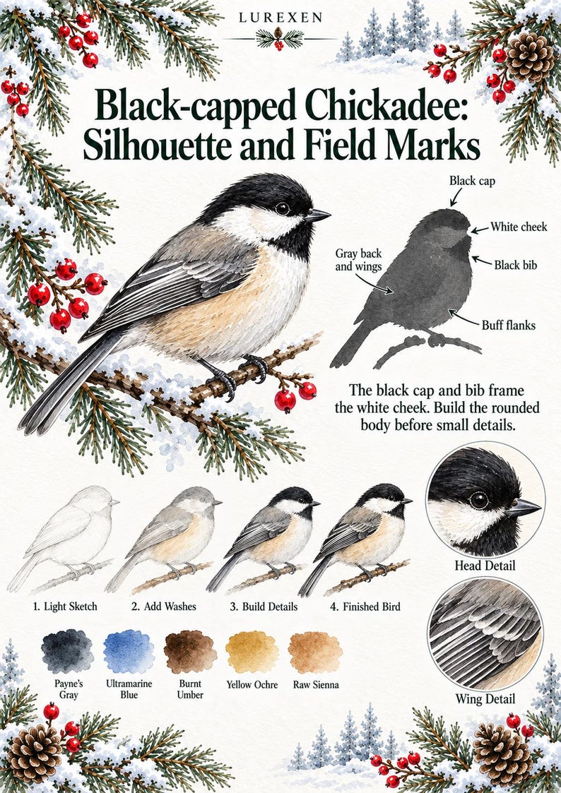May include: An educational watercolor illustration titled Black-capped Chickadee: Silhouette and Field Marks. It features a detailed bird, a silhouette diagram, a four-step painting guide, head and wing close-ups, and five paint color swatches.