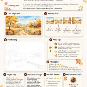 Op de afbeelding: Een aquarelwerkboekpagina getiteld Masterpiece Project 3: Golden Autumn Valley. Het bevat een schildergids met stappen, een lege schets om te oefenen, kunstenaarstips, projectinformatie en een checklist voor het beoordelen van het kunstwerk.