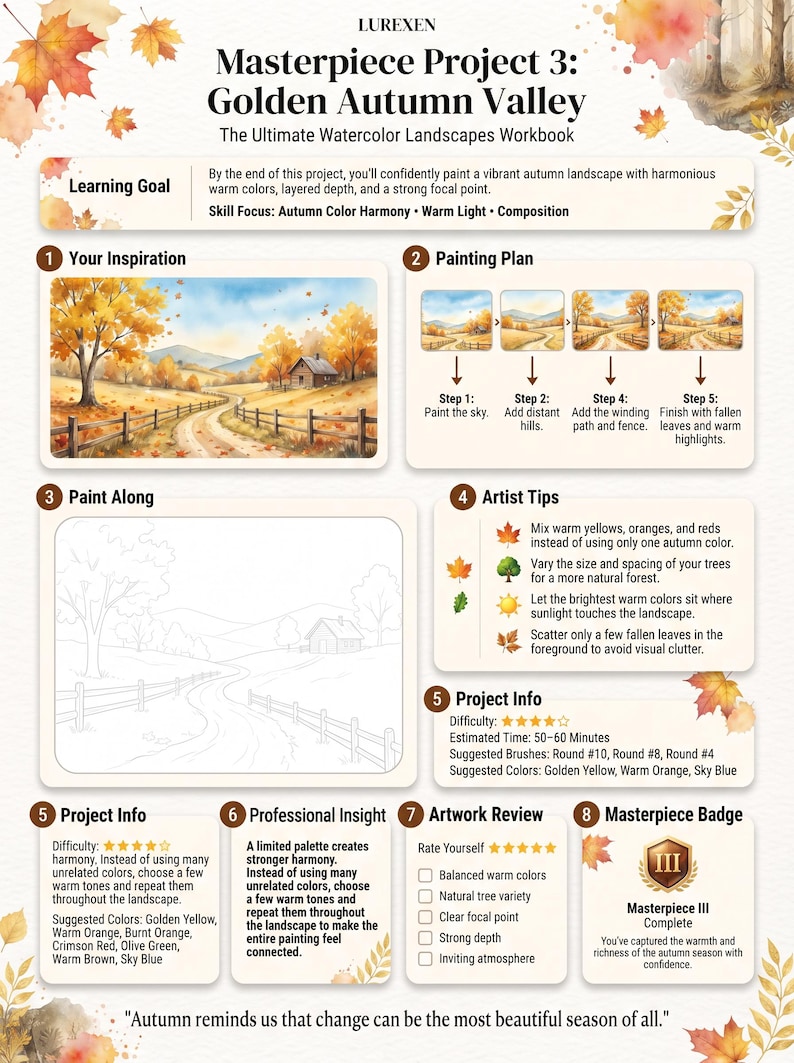 Op de afbeelding: Een aquarelwerkboekpagina getiteld Masterpiece Project 3: Golden Autumn Valley. Het bevat een schildergids met stappen, een lege schets om te oefenen, kunstenaarstips, projectinformatie en een checklist voor het beoordelen van het kunstwerk.