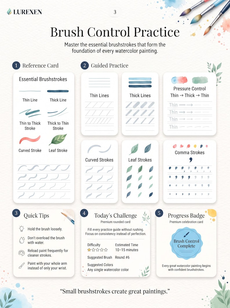 以下が含まれることがあります： Lurexenの筆使い練習シート。Reference Card、Guided Practice、Quick Tips、Today's Challenge、Progress Badgeの5つのセクションで構成されています。ページには説明文、筆使いの例、イラストが記載されています。