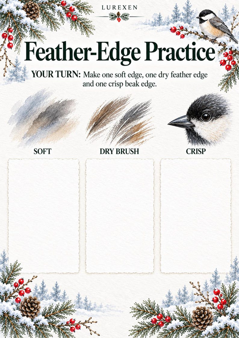 May include: A Lurexen Feather-Edge Practice worksheet featuring a chickadee illustration, text instructions, and three blank rectangular boxes labeled Soft, Dry Brush, and Crisp. The page is decorated with watercolor pine branches, red berries, and pinecones.