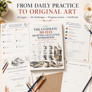 Puede incluir: Un cuaderno de ejercicios de dibujo titulado The Ultimate 30-Day Drawing Challenge Workbook de Lurexen, con 45 p&aacute;ginas, 30 desaf&iacute;os, una revisi&oacute;n de progreso y un certificado. El conjunto incluye hojas de trabajo para la pr&aacute;ctica diaria.