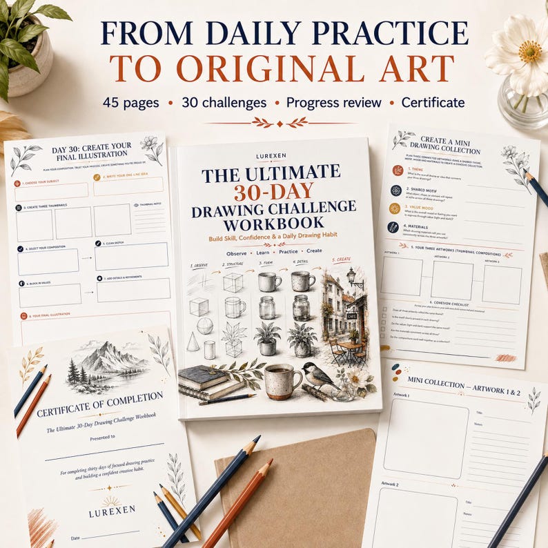 Puede incluir: Un cuaderno de ejercicios de dibujo titulado The Ultimate 30-Day Drawing Challenge Workbook de Lurexen, con 45 p&aacute;ginas, 30 desaf&iacute;os, una revisi&oacute;n de progreso y un certificado. El conjunto incluye hojas de trabajo para la pr&aacute;ctica diaria.