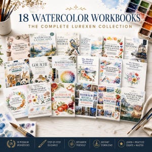 以下が含まれることがあります： 「The Complete Lurexen Collection」と題された18冊の水彩画ワークブックのセット。風景、動物、食べ物、建築、自然など様々なテーマが描かれており、絵筆や水彩パレットと共に配置されています。