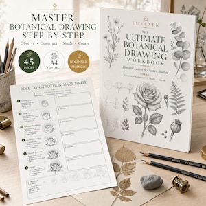 May include: A botanical drawing workbook titled The Ultimate Botanical Drawing Workbook with a rose construction lesson sheet. The cover features black and white illustrations of flowers and leaves. Text includes Master Botanical Drawing Step By Step.