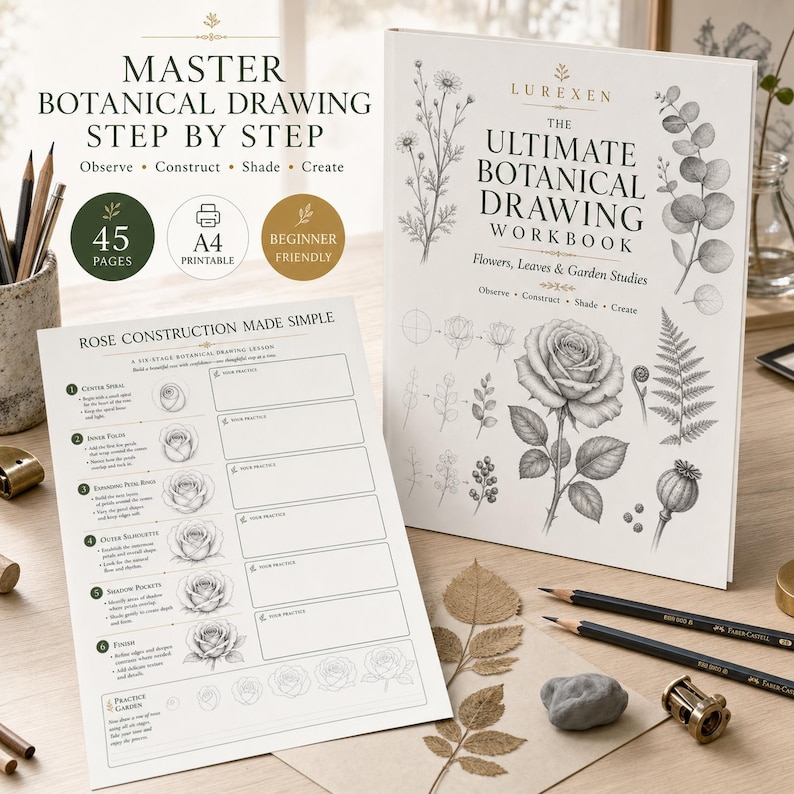 May include: A botanical drawing workbook titled The Ultimate Botanical Drawing Workbook with a rose construction lesson sheet. The cover features black and white illustrations of flowers and leaves. Text includes Master Botanical Drawing Step By Step.