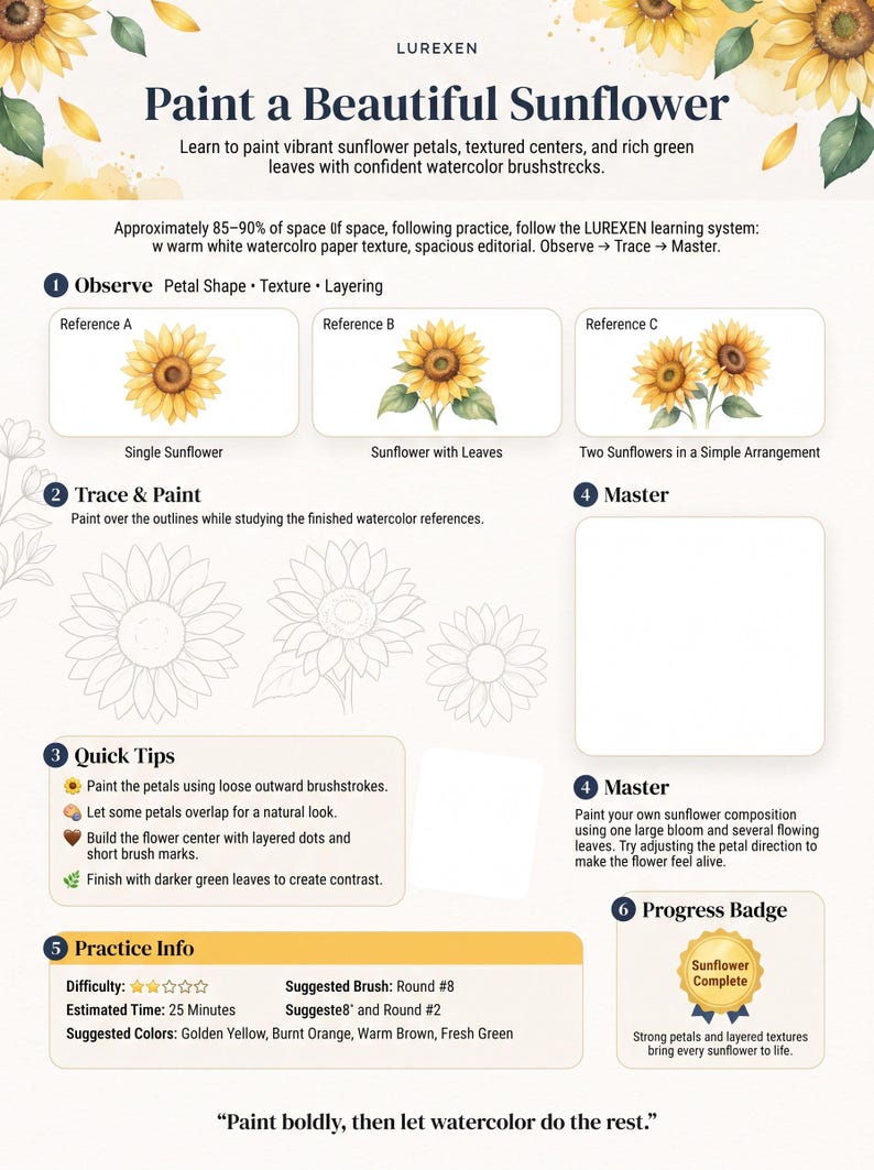 以下が含まれることがあります： LUREXENのガイド「Paint a Beautiful Sunflower」は、水彩画のステップとして「Observe」「Trace & Paint」「Quick Tips」「Master」のセクション、ヒマワリのイラスト、練習用のアウトライン、および「Sunflower Complete」バッジが記載された学習用シートです。