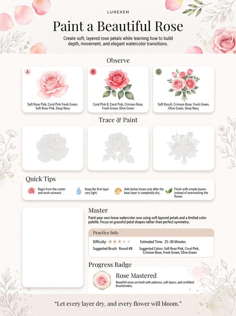 以下が含まれることがあります： Lurexenによる水彩画の指導ガイド「Paint a Beautiful Rose」。観察、トレースとペイント、クイックヒント、マスターの各セクションがあり、カラーパレット、バラのイラスト、練習情報が含まれています。