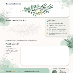 以下が含まれることがあります： Paint Beautiful Watercolor Leavesと題されたLurexenの水彩画練習シート。植物の枝の参考画、ガイド付きの塗り絵用アウトライン、ヒント、練習用の空白スペース、進捗バッジが記載されています。