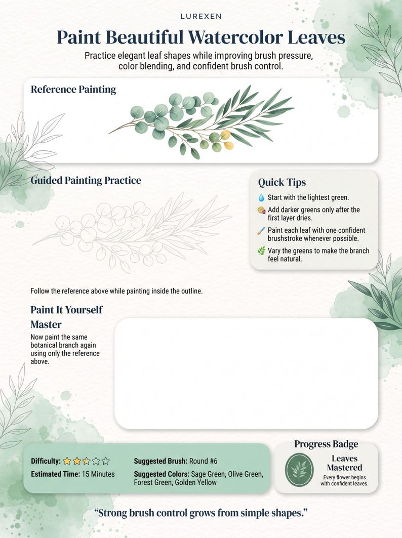 以下が含まれることがあります： Paint Beautiful Watercolor Leavesと題されたLurexenの水彩画練習シート。植物の枝の参考画、ガイド付きの塗り絵用アウトライン、ヒント、練習用の空白スペース、進捗バッジが記載されています。
