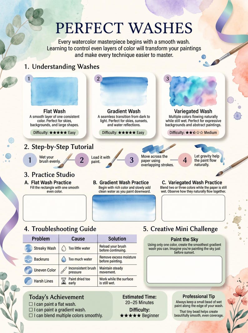 May include: An educational infographic titled PERFECT WASHES detailing watercolor techniques. It includes sections on understanding flat, gradient, and variegated washes, a step-by-step tutorial, practice boxes, a troubleshooting guide, and a mini challenge.