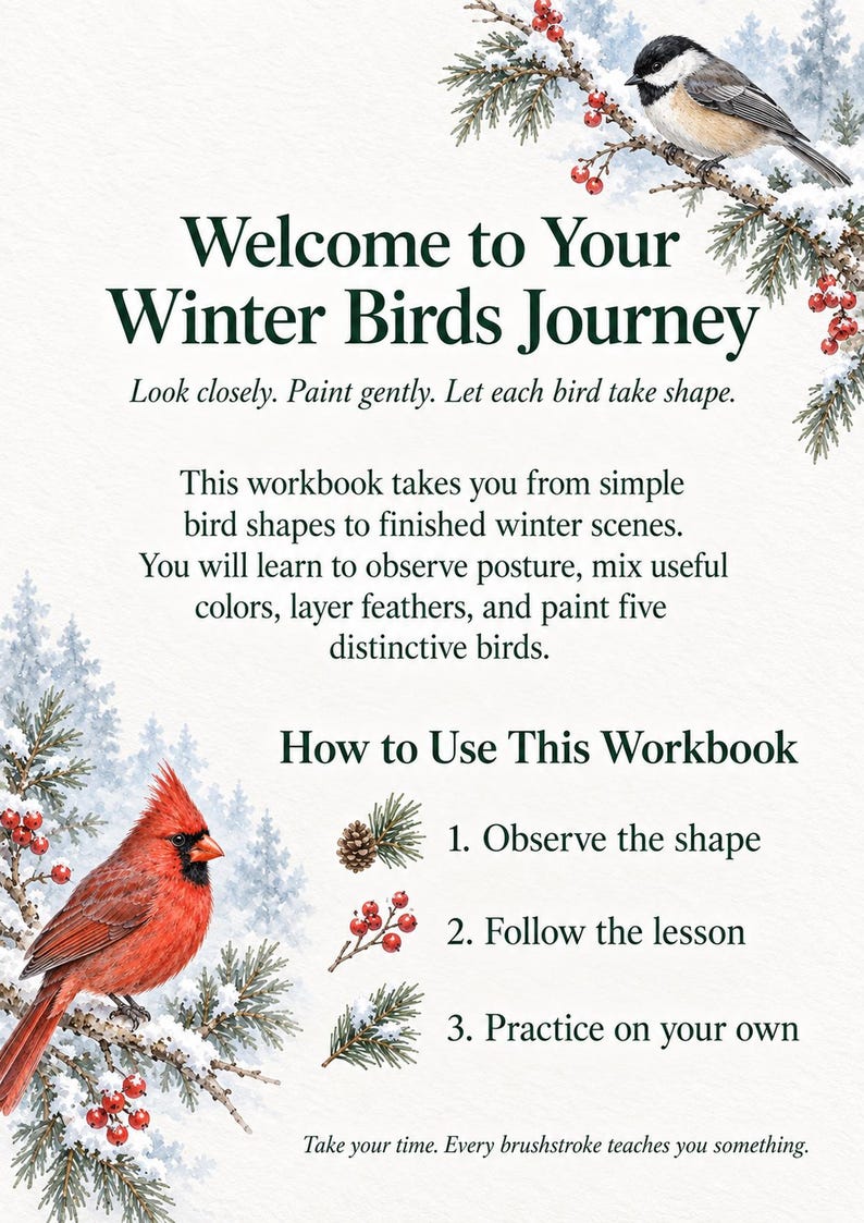May include: A workbook titled Welcome to Your Winter Birds Journey featuring watercolor illustrations of a black-capped chickadee and a red cardinal perched on snowy pine branches with red berries. The text provides instructions for painting.