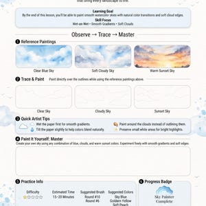 Op de afbeelding: Een instructiepagina voor aquarelverf met de titel Lurexen Paint Beautiful Skies. Het bevat secties voor leerdoelen, referentietekeningen van blauwe, bewolkte en zonsondergangluchten, overtrekgebieden, kunstenaarstips en een oefenruimte.