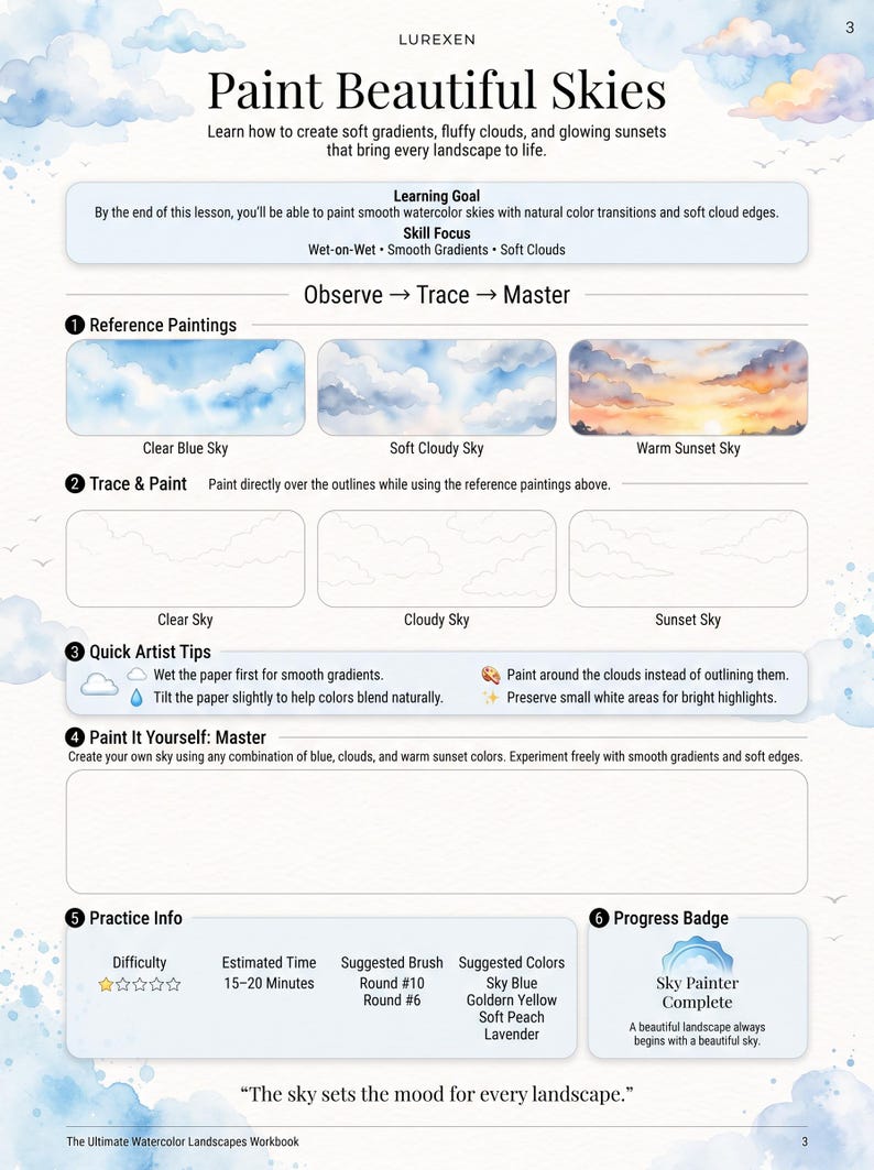 Op de afbeelding: Een instructiepagina voor aquarelverf met de titel Lurexen Paint Beautiful Skies. Het bevat secties voor leerdoelen, referentietekeningen van blauwe, bewolkte en zonsondergangluchten, overtrekgebieden, kunstenaarstips en een oefenruimte.