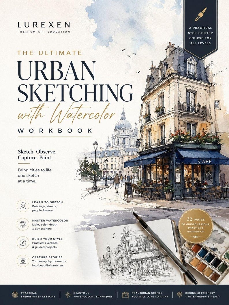 May include: The Lurexen Premium Art Education workbook titled The Ultimate Urban Sketching with Watercolor features a cover illustration of a European cafe scene. It includes a pen, a watercolor palette, and text detailing 32 pages of lessons.