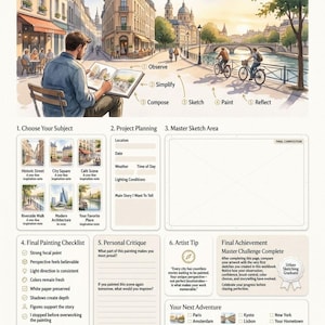 May include: An instructional workbook page titled The Ultimate Urban Sketching with Watercolor Workbook by LUREXEN. It features a central illustration of an artist sketching a city scene, followed by sections for project planning, a sketch area, and a final painting checklist with numbered steps and prompts for personal critique and future artistic adventures.