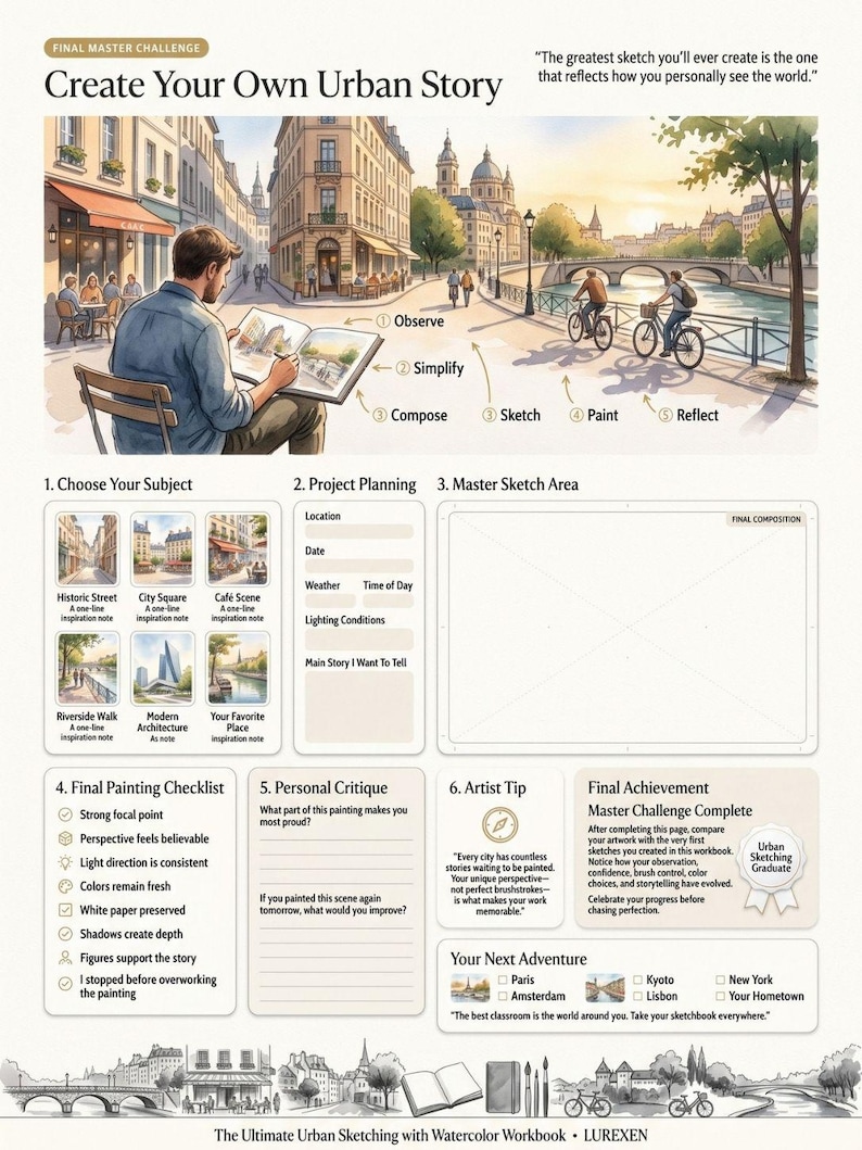 May include: An instructional workbook page titled The Ultimate Urban Sketching with Watercolor Workbook by LUREXEN. It features a central illustration of an artist sketching a city scene, followed by sections for project planning, a sketch area, and a final painting checklist with numbered steps and prompts for personal critique and future artistic adventures.