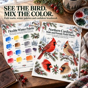 May include: Two educational art prints titled SEE THE BIRD. MIX THE COLOR. One print shows a Flexible Winter Palette with color mixing guides. The other print illustrates Northern Cardinal male and female field marks with detailed bird drawings.