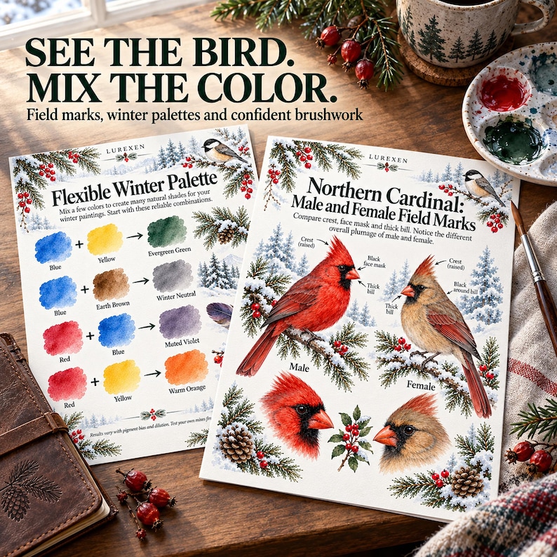 May include: Two educational art prints titled SEE THE BIRD. MIX THE COLOR. One print shows a Flexible Winter Palette with color mixing guides. The other print illustrates Northern Cardinal male and female field marks with detailed bird drawings.