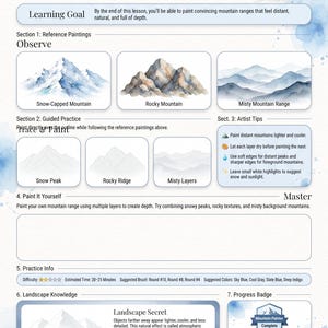 Op de afbeelding: Een instructieblad getiteld LUREXEN Paint Mountains met aquarelillustraties van besneeuwde, rotsachtige en mistige bergketens. Het bevat secties voor referentietekeningen, begeleide oefeningen, tips van kunstenaars en een lege ruimte om te schilderen.