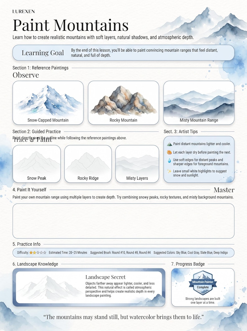 Op de afbeelding: Een instructieblad getiteld LUREXEN Paint Mountains met aquarelillustraties van besneeuwde, rotsachtige en mistige bergketens. Het bevat secties voor referentietekeningen, begeleide oefeningen, tips van kunstenaars en een lege ruimte om te schilderen.