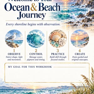 May include: A workbook cover titled Welcome to Your Ocean & Beach Journey by Lurexen. It features watercolour illustrations of a seagull, a wave, seashells, and a sunset. Four numbered steps guide the reader, with a blank box for goals.