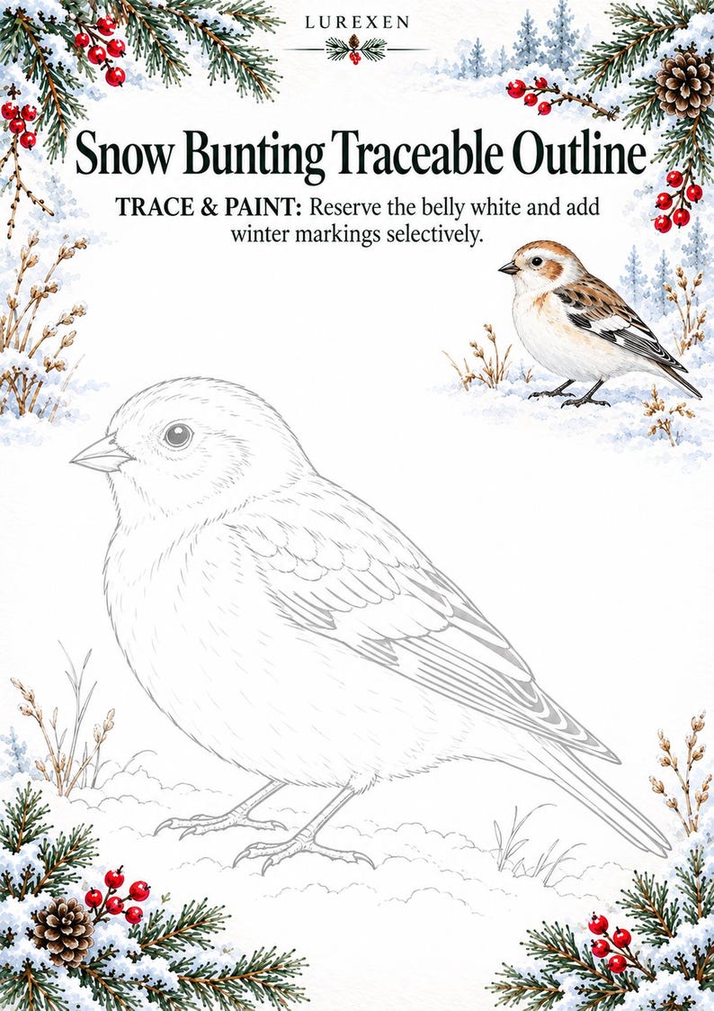 May include: A Snow Bunting traceable outline featuring a large line drawing of a bird, a smaller colored reference image, and text that reads: LUREXEN, Snow Bunting Traceable Outline, TRACE & PAINT: Reserve the belly white and add winter markings selectively.