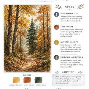 May include: A Lurexen Autumn Forest Trail guided landscape project sheet featuring a watercolor painting of a forest path with yellow and orange trees. The document includes numbered steps, a color palette of golden yellow, burnt sienna, and forest green, an artist tip, and a section for notes.
