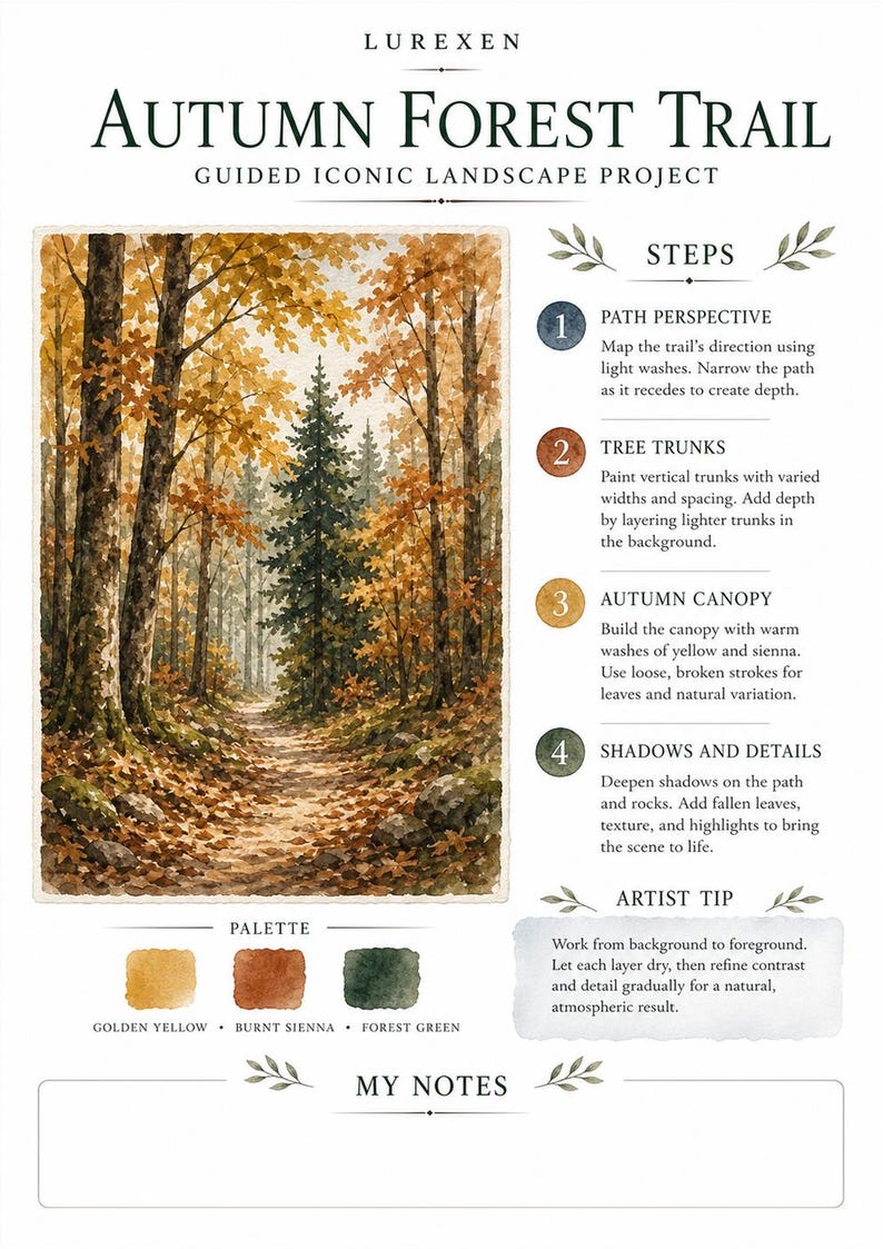 May include: A Lurexen Autumn Forest Trail guided landscape project sheet featuring a watercolor painting of a forest path with yellow and orange trees. The document includes numbered steps, a color palette of golden yellow, burnt sienna, and forest green, an artist tip, and a section for notes.