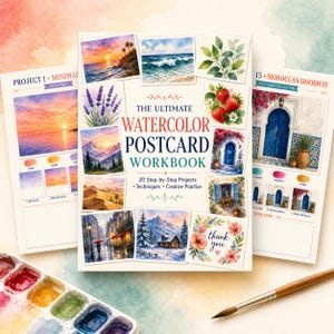 May include: The Ultimate Watercolor Postcard Workbook with 20 step-by-step projects, techniques, and creative practice. The cover features a collage of watercolour paintings including landscapes, flowers, and a thank you card, alongside a paint palette and brush.