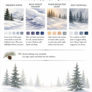 May include: An instructional art guide titled LUREXEN SNOW, ICE & WINTER SHADOWS featuring four watercolor painting examples of snowy landscapes with pine trees, color palettes, and text instructions on techniques for painting snow and shadows.