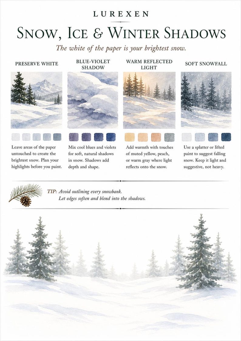 May include: An instructional art guide titled LUREXEN SNOW, ICE & WINTER SHADOWS featuring four watercolor painting examples of snowy landscapes with pine trees, color palettes, and text instructions on techniques for painting snow and shadows.
