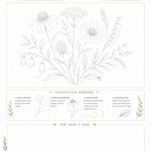 May include: A white worksheet titled WILDFLOWER TRACE & PRACTICE with a gray line drawing of a wildflower arrangement. It includes a construction reminder section with four drawing steps and a blank space labeled NOW DRAW IT HERE for practice.