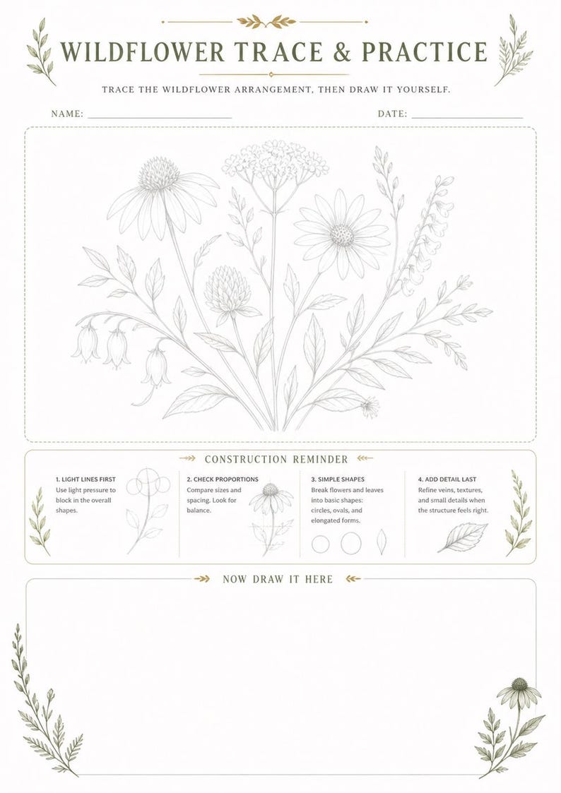 May include: A white worksheet titled WILDFLOWER TRACE & PRACTICE with a gray line drawing of a wildflower arrangement. It includes a construction reminder section with four drawing steps and a blank space labeled NOW DRAW IT HERE for practice.